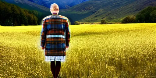 Image similar to a scotsman being happy in a meadow