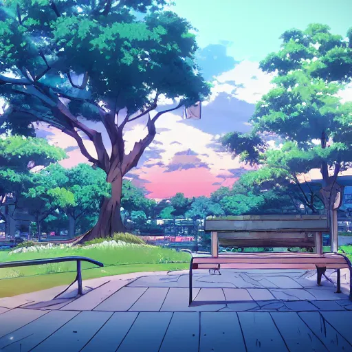 Image similar to a beautiful city park at sunrise, modern anime style, official anime still