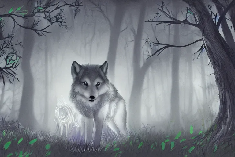 Prompt: a baby grey wolf in a dark forest, highly detailed, digital art, trending on artstation, backlighting, by kawacy, by ken sugimori, fan art