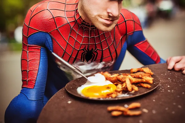 Image similar to painting of a pre - raphaelite spider - man eating fried eggs and bacon, 5 0 mm lens, f 1. 4, sharp focus, ethereal, emotionally evoking, head in focus, volumetric lighting, blur dreamy outdoor,