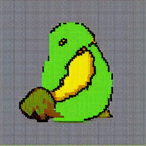 Image similar to kiwi bird eating kiwi fruit, pixel art