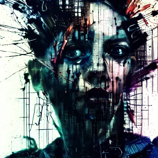 Image similar to a dark cyberpunk dream of wires broken skulls skin cybernetic machines and decay moody hyperrealism 8 k photo atmospheric by jeremy mann, francis bacon and agnes cecile, ink drips paint smears digital glitches glitchart