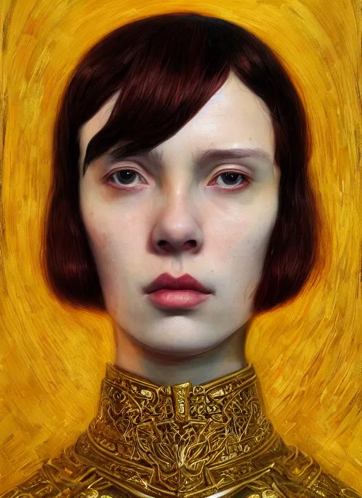 Prompt: gold portrait :: by Martine Johanna and Simon Stålenhag and Chie Yoshii and wlop and Guillermo del toro :: ornate, dynamic, particulate, rich colors, elegant, centered, artstation, smooth, sharp focus, octane render, 3d