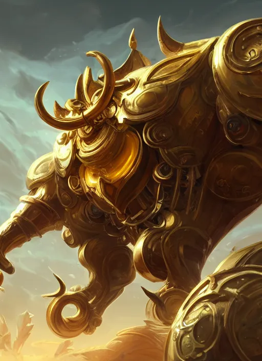 Prompt: a highly detailed illustration of gentle colossal golden horned mechanical giant, with cute doting eyes, intricate, elegant, highly detailed, centered, digital painting, artstation, concept art, smooth, sharp focus, league of legends concept art, wlop.