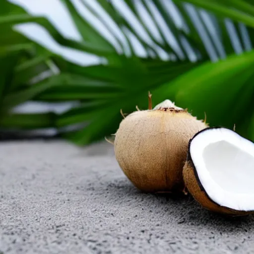 Image similar to centered white perfume bottle next to halved - coconuts, with white crisp zen soft - sandy - beach background, illumination lighting, sharp focus, vogue, hartper's bazaar