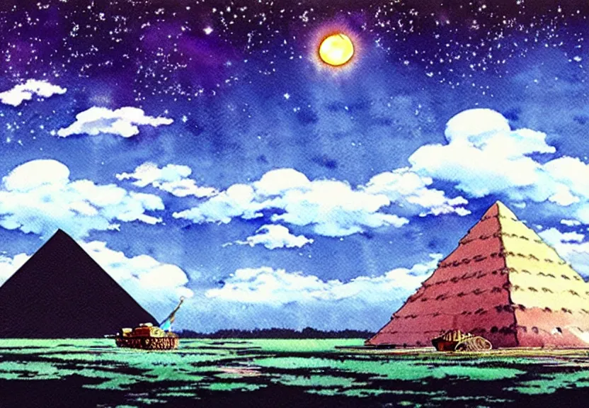 Image similar to a hyperrealist watercolor concept art from a studio ghibli film showing a giant mechanized crocodile from howl's moving castle ( 2 0 0 4 ). a pyramid is under construction in the background, in the rainforest on a misty and starry night. a ufo is in the sky. by studio ghibli