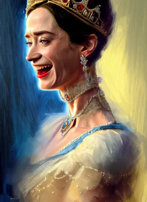 Image similar to portrait of emily blunt as queen, laughing, jewelry, greek, sapphire, victorian age, 1 8 9 0, intricate, headshot, key visual, conceptart, ambient lighting, highly detailed, digital painting, artstation, concept art, sharp focus, by makoto shinkai and akihiko yoshida and greg manchess