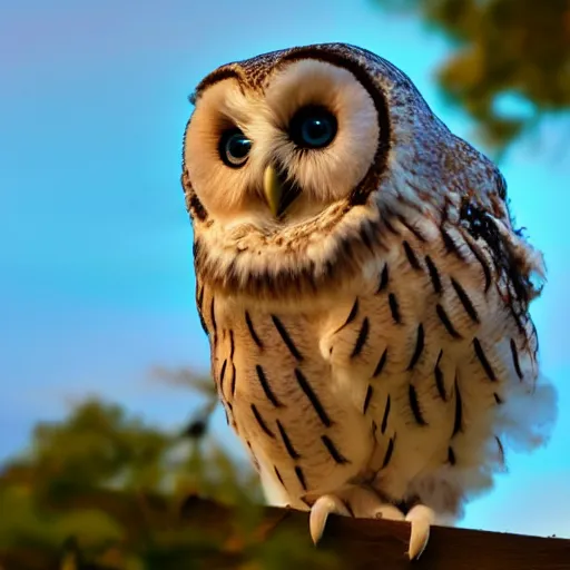 Image similar to The cutest owl ever, pastel sky, photograph, dynamic lighting, 8k resolution, hyperrealistic, high contrast