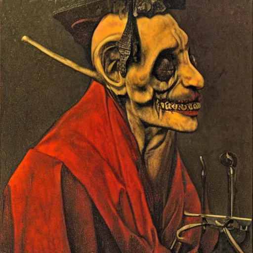 Image similar to 1 9 8 1 distressed kodachrome photo of mephistopheles in the style of jan saudek, heironymus bosch, joel peter witkin, pieter bruegel the elder, gustave dore, annie liebovitz