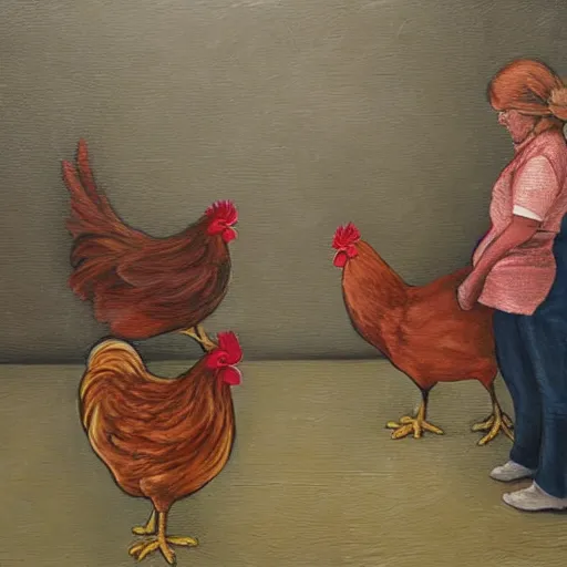 Prompt: chickens putting human beings in coops, oil painting, hyper realistic