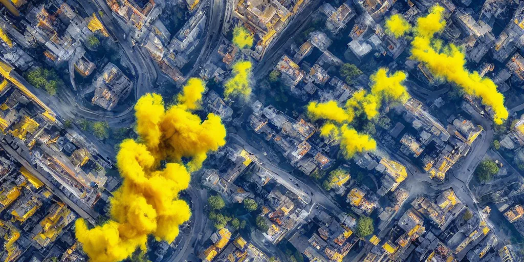 Image similar to kiev city streets covered in yellow and blue smoke, drone photography, by kim keever