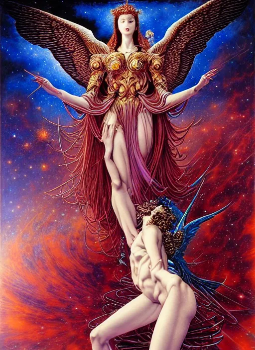 Prompt: realistic detailed image of a holy very beautiful female archangel kissing a satan in the outer space by Ayami Kojima, Amano, Karol Bak, Greg Hildebrandt, and Mark Brooks, Neo-Gothic, gothic, rich deep colors. Beksinski painting. art by Takato Yamamoto. masterpiece