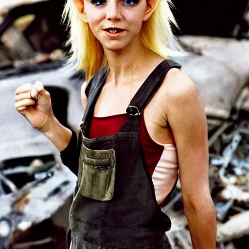 Prompt: a skinny female high-fantasy elf with a long face narrow chin and spiky blonde hair wearing dark brown overalls and holding a bomb next to a destroyed car, gel spiked blond hair, small ears, narrow lips, high resolution film still, HDR color