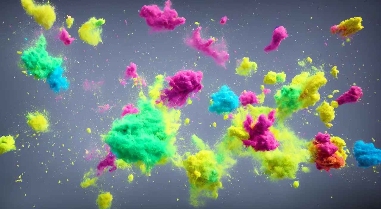 Prompt: levitating colorful powder creatures with exploding dust particles, rendered with unreal engine 5, high resolution, dramatic lighting