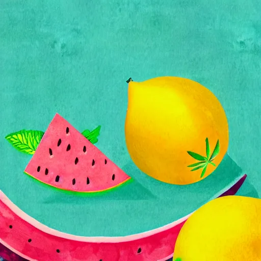 Image similar to retro, hd illustration of watermelons and lemons, mint leaves, inspired by watercolor masterpieces, matisse, malevich, david hockney, colorful, happy, trending on artstation, 4 k