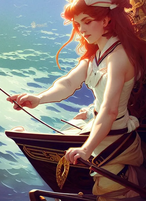 Image similar to sailor on its boat, fantasy, highly detailed, digital painting, artstation, concept art, wallpaper, smooth, sharp focus, illustration, art by artgerm and greg rutkowski and alphonse mucha