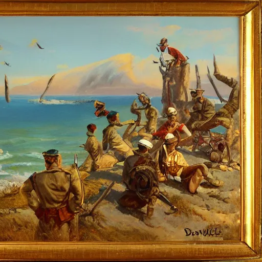 Prompt: stout cortez with eagle eyes stared at the pacific and all his men looked at each other with a wild surmise silent, upon a peak in darien, by jean deville, by marc davis, oil on canvas