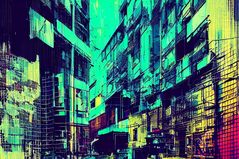 Image similar to architecture collage by atelier olschinsky, cyberpunk, (high contrast), ((oversaturated)), grafitti paint, bokeh, dof