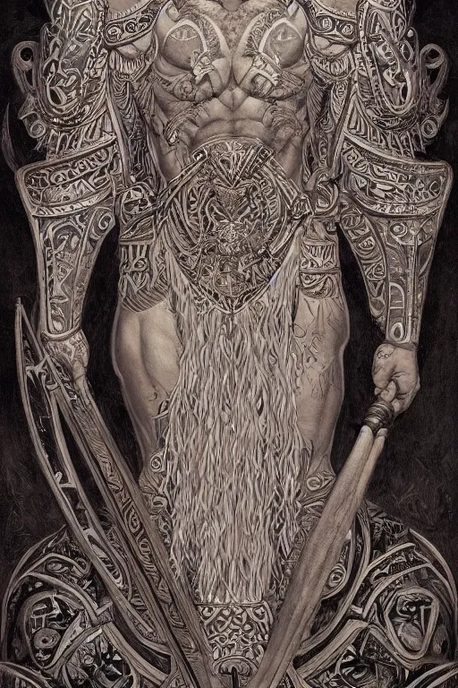 Image similar to a beautiful painting of full - body maori warrior, wisdom, good and evil, white ink + magical + symmetrical + detailed intricate + heraldic design + atmosphere high details, in the style of jean delville, artstation, 8 k, 4 k, cinematic