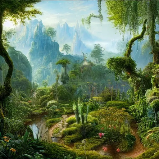 Image similar to a beautiful and highly detailed matte painting of a magical garden in a lush forest deep in an epic mountain range, intricate details, epic scale, insanely complex, 8 k, sharp focus, hyperrealism, by caspar friedrich,