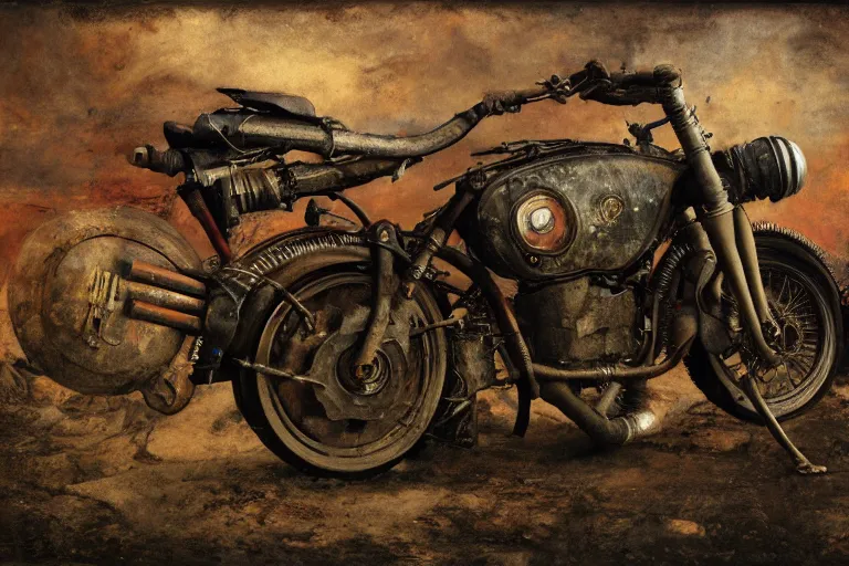 Image similar to full color hd photo of a motorcycle, octane render 4 k, by hieronymus bosch, joel peter witkin, annie liebovitz. gustave dore, hr giger, zdzisław beksinski, epic, artstation, cgisociety, weta, disney