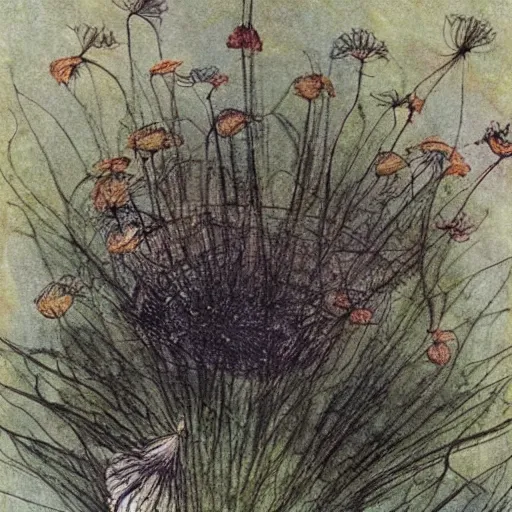 Image similar to a beautiful fairytale painting of a dandelion seed that is also a fairy. the dandelion seed is the body of the fairy. beautiful clear painting by arthur rackham