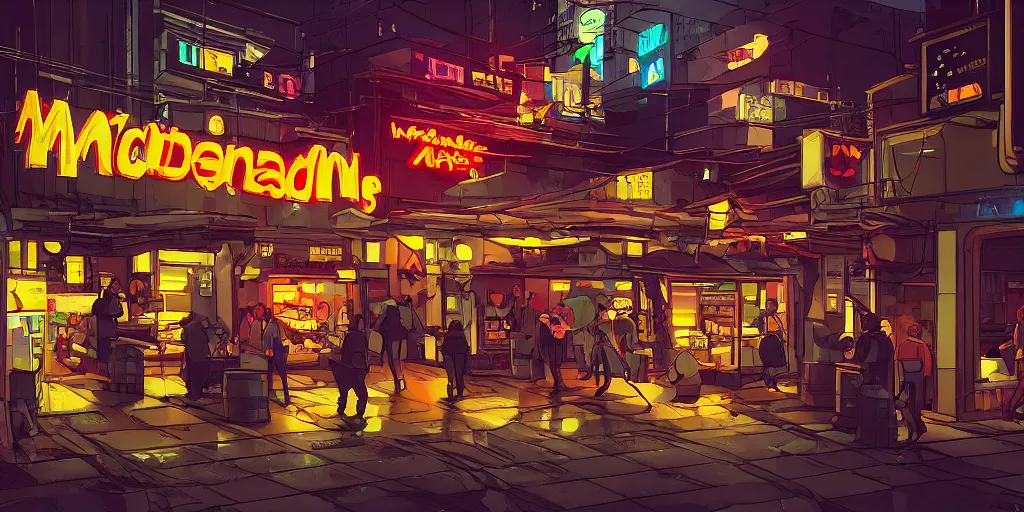 Prompt: a busy backalley cyberpunk mcdonalds by kirokaze, coherent, golden arches, burger place