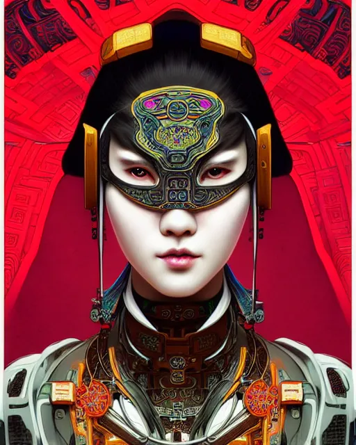 Image similar to portrait of a cyberpunk machine, machine face, upper half portrait, decorated with chinese opera motifs, asian, fine china, wuxia, traditional chinese art, intricate, elegant, highly detailed, symmetry, headpiece, digital painting, artstation concept art smooth sharp focus, illustration, art by artgerm and greg rutkowski alphonse mucha 8 k