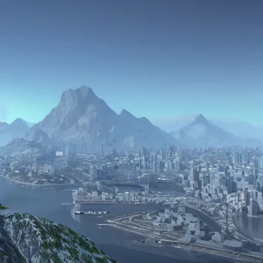 Prompt: A coastal city near some mountains, sci-fi, space elevator, 8k photorealistic