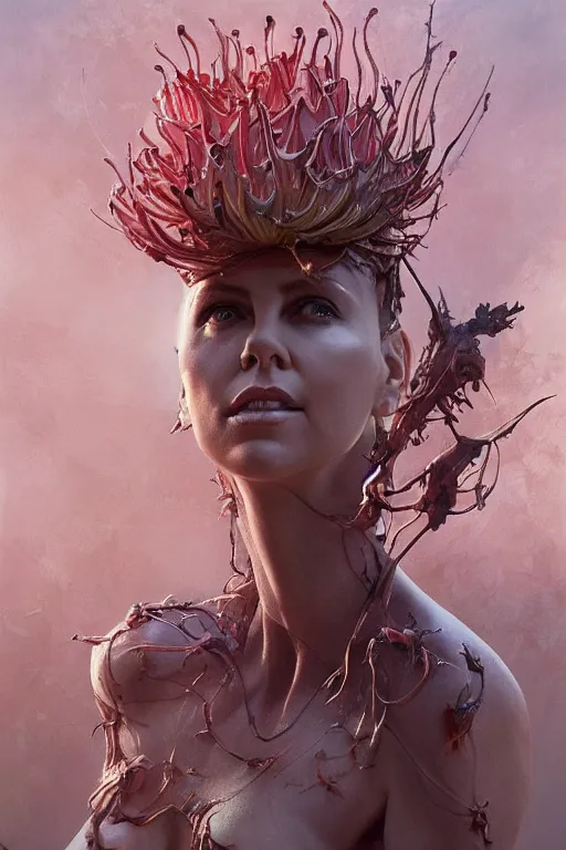 Prompt: Charlize Theron as Venus flytrap, intricate, highly detailed, smooth, artstation, digital illustration by Ruan Jia and Mandy Jurgens and Artgerm and Wayne Barlowe and Greg Rutkowski and Zdislav Beksinski