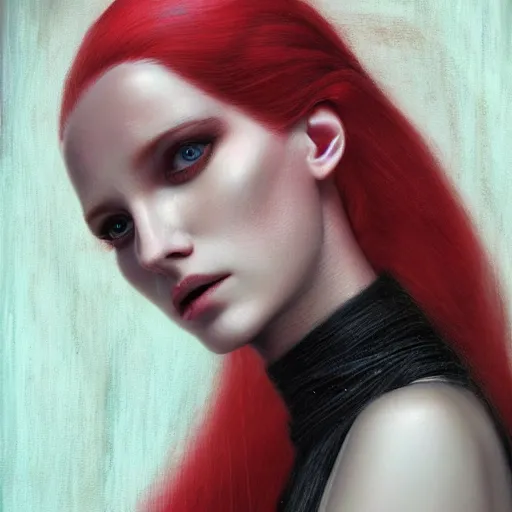 Prompt: portrait of a beautiful tall and feminine albino supermodel dressed in a abbaya, photograph, award wining, red and white, trending on artstation, punk attitude, 4k, unreal engine 5, octane render, neon highlights with red long wavy hair drawn by Donato Giancola and Tom Bagshaw and Julie Bell, face by Artgerm, overall design by Alphonse Mucha, background by James Jean and Gustav Klimt, 4k, porcelain skin, komorebi, french nouveau, trending on artstation, octane render, hyperrealistic