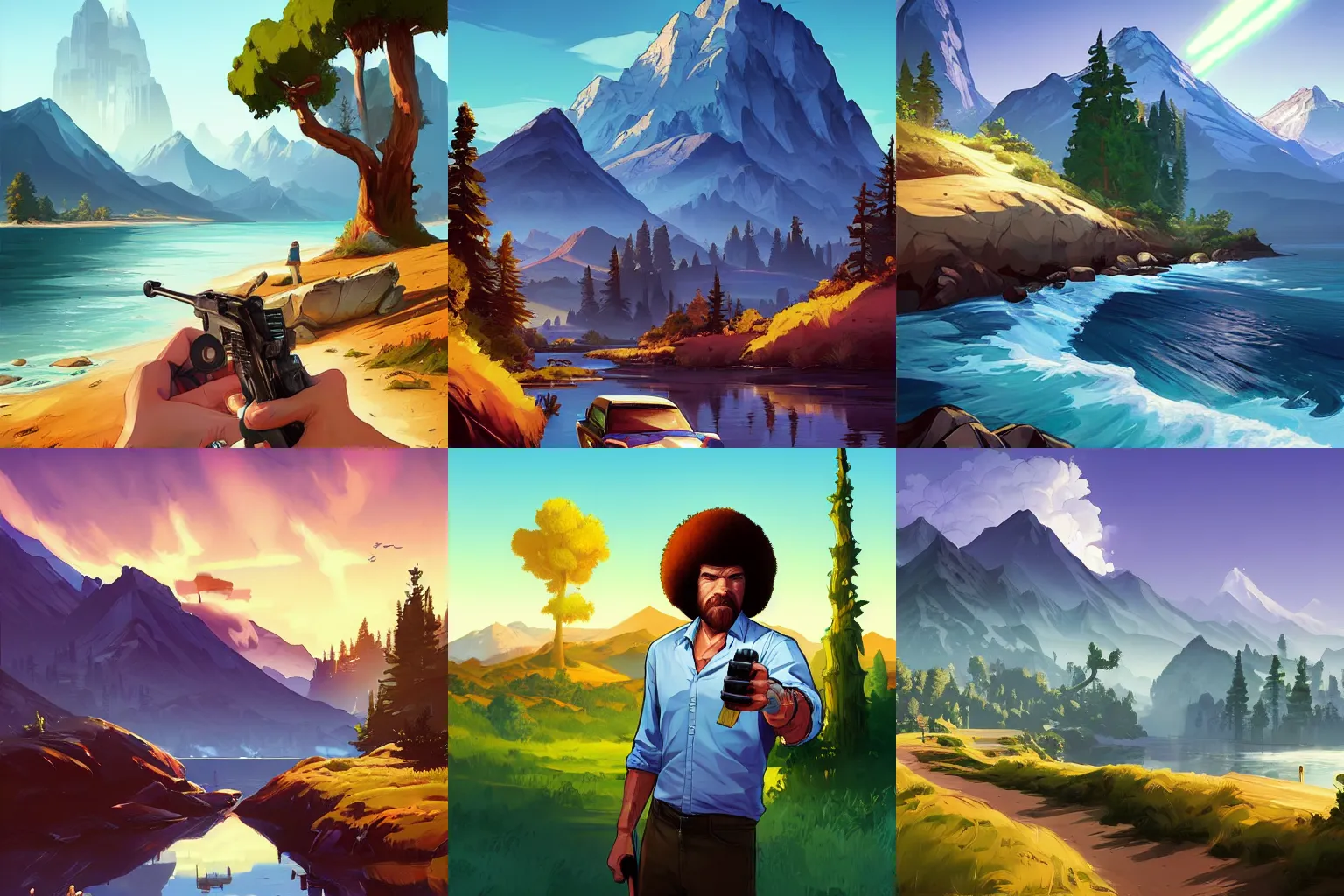 Prompt: bob ross, gta 5 cover art, borderlands style, celshading, trending on artstation, by rhads, andreas rocha, makoto shinkai, laurie greasley and greg rutkowski