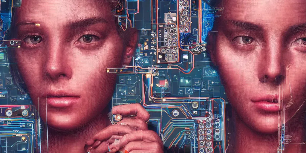 Prompt: portrait of computer & circuits, 8 k, by tristan eaton, trending on deviantart, face enhance, hyper detailed, minimalist, super detailed, cinematic, unreal engine, octane render, chalk texture on canvas