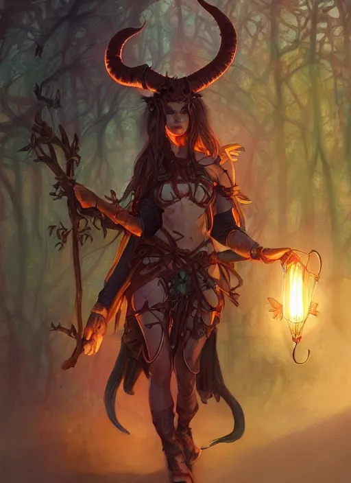 Image similar to cute Tiefling Druid with long horns, colorful leaves on light leather armor, holding tree staff, ,demon tail light-brown skin, highly detailed, digital painting, artstation, concept art, sharp focus, illustration, art by artgerm and greg rutkowski and alphonse mucha