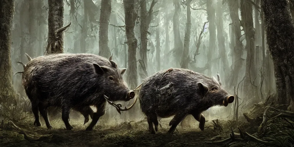 Image similar to giant wild boar with bloody eyes and many tusks, in dark woods, dim colors, forest, highly detailed illustration, masterpiece, fantasy, magical, hyperdetailed, realistic, witch fairytale, 4 k, 8 k, highly detailed matte painting, dungeons and dragons