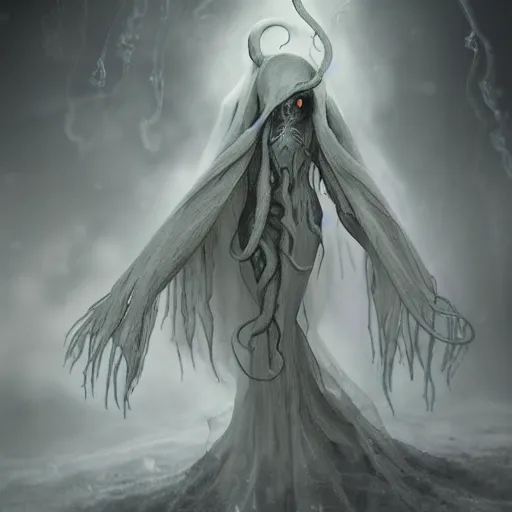 Image similar to concept designs for an ethereal ghostly wraith like figure with a squid like parasite latched onto its head and long tentacle arms that flow lazily but gracefully at its sides like a cloak while it floats around a frozen rocky tundra in the snow searching for lost souls and that hides amongst the shadows in the trees, this character has hydrokinesis and electrokinesis for the resident evil village video game franchise with inspiration from the franchise Bloodborne and the mind flayer from stranger things on netflix