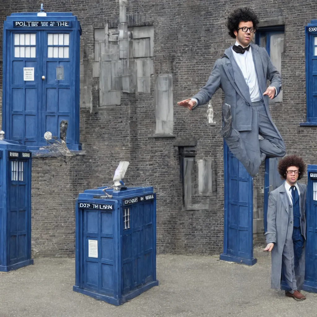 Image similar to Richard Ayoade as the Doctor, in front of the TARDIS