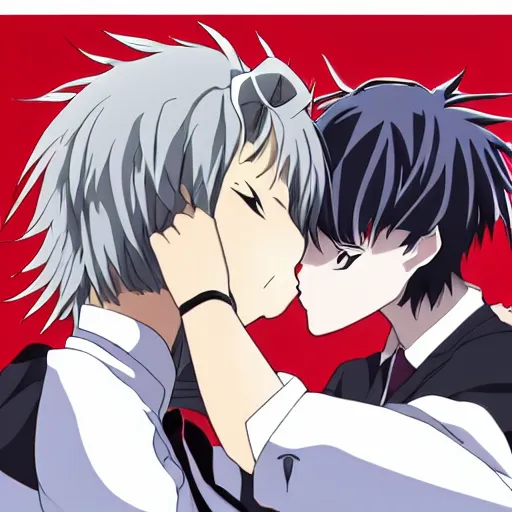 Prompt: key anime visual still portrait of anthropomorphic anthro male grey wolves with handsome eyes, kissing each other, wearing school uniform, official studio anime still