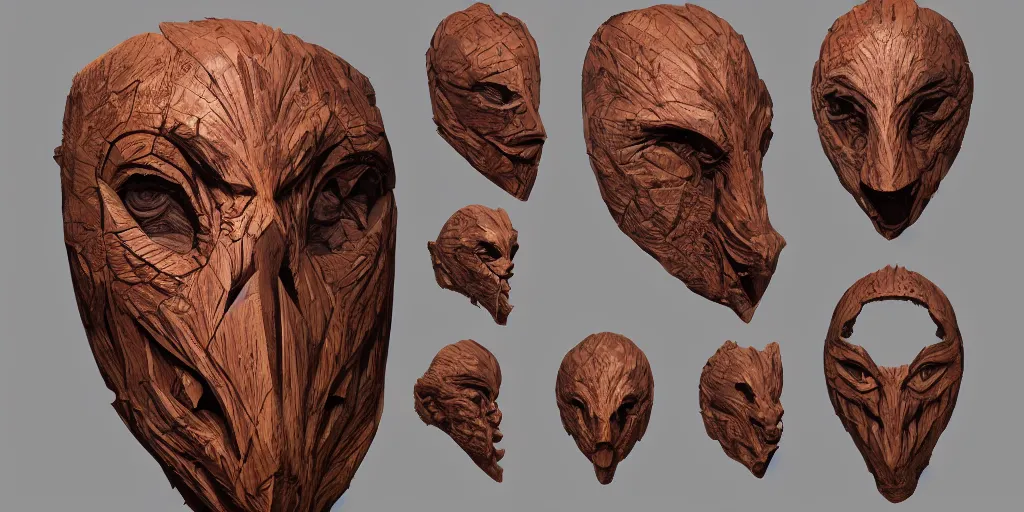 Image similar to wooden mask of fear design, character sheet, Moebius, Greg Rutkowski, Zabrocki, Karlkka, Jayison Devadas, Phuoc Quan, trending on Artstation, 8K, ultra wide angle, zenith view, pincushion lens effect