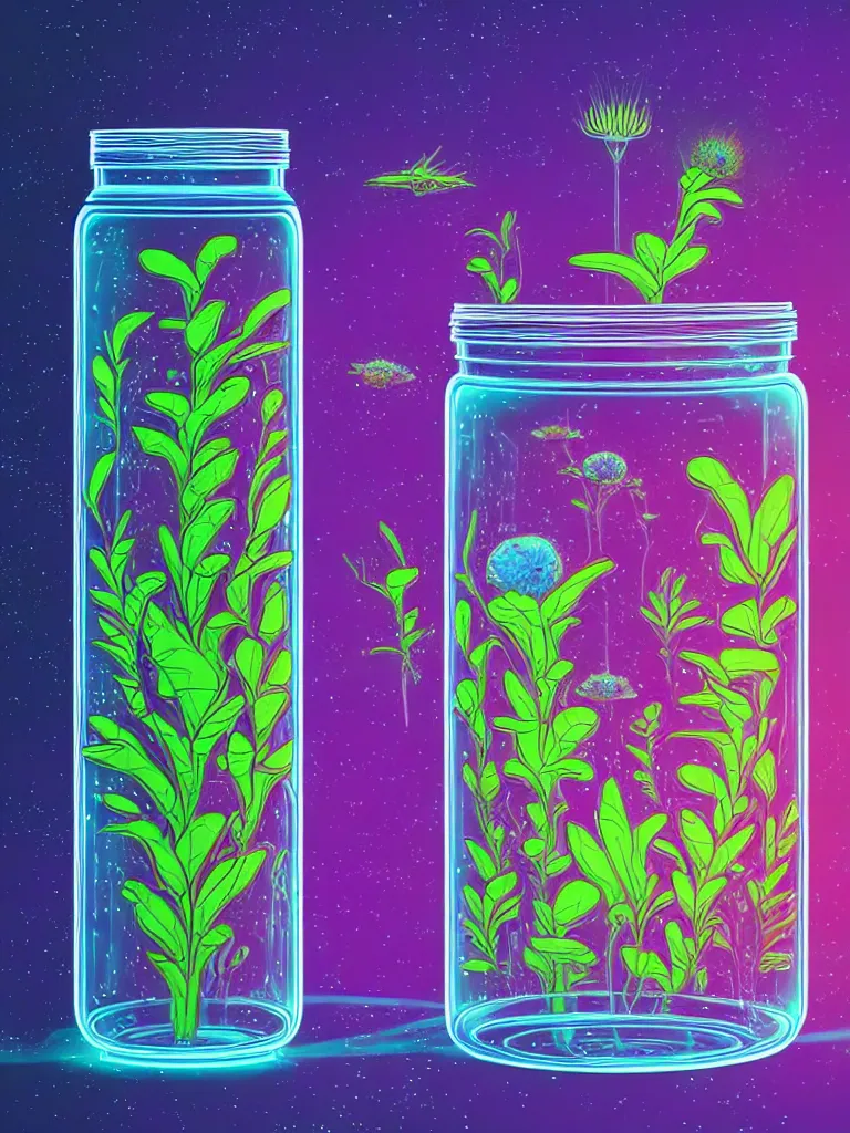 Prompt: concept art. illustration. sci - fi. multicolour strange weird plants and flowers from a different planet in a closed jar. high sci - fi. holographic, beautiful, ethereal