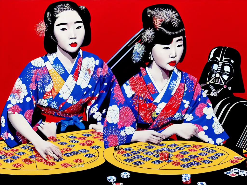 Image similar to hyperrealistic composition of the detailed woman in a japanese kimono sitting at a poker table with detailed darth vader and r 2 d 2, fireworks, mount fuji on the background, pop - art style, jacky tsai style, andy warhol style, acrylic on canvas