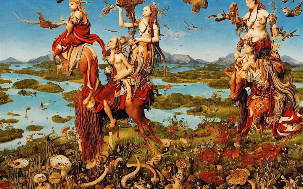 Image similar to a portrait photograph of a meditating harpy and a centaur king riding eagles and hugging animals at a river delta. surrounded by mushrooms, flowers, animals and trees. mountains range under a blue sky of burning stars. painted by jan van eyck, max ernst, ernst haeckel and ernst fuchs, cgsociety, artstation, fashion editorial, 8 k