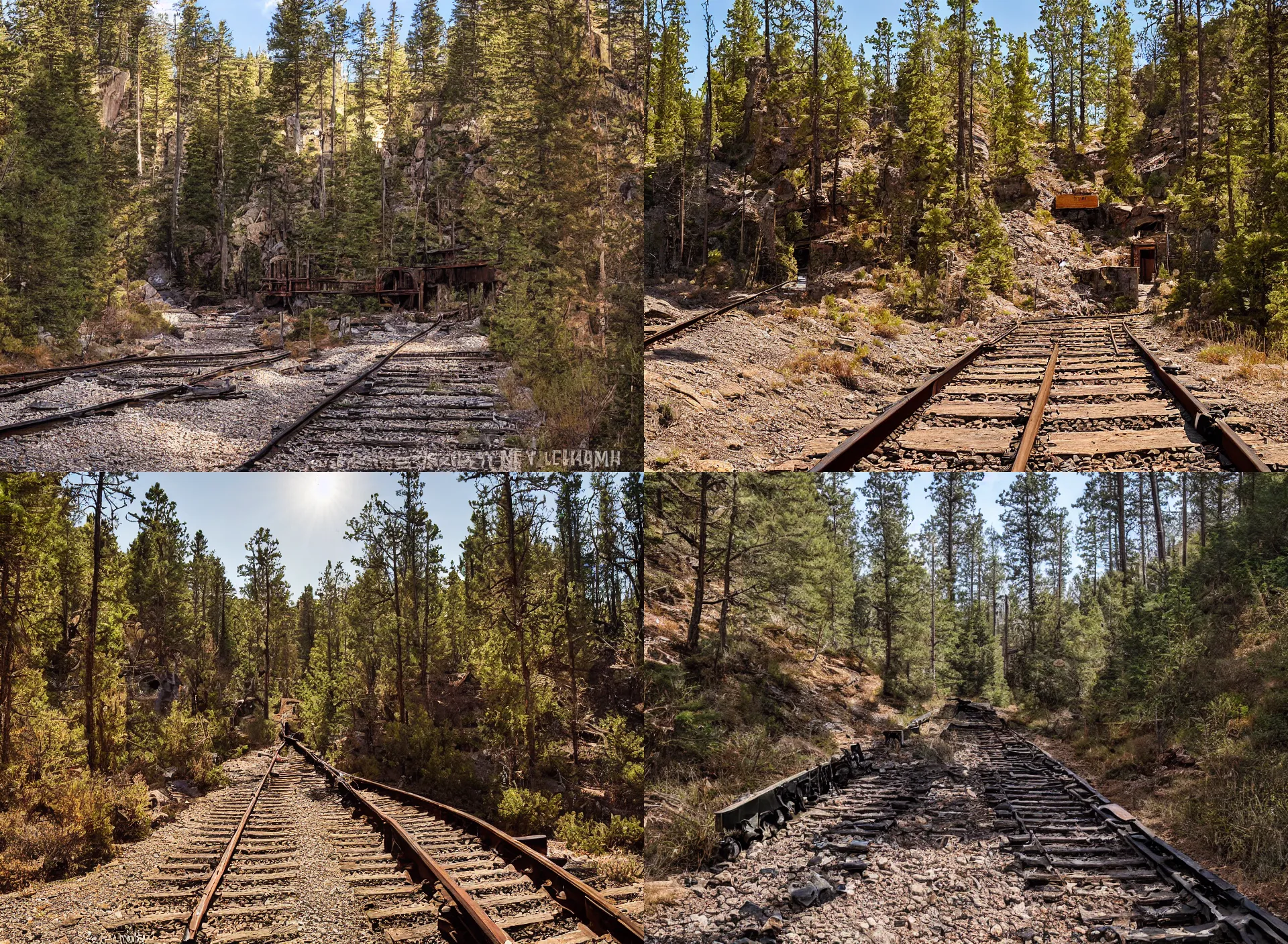 Prompt: entrance to abandoned mine, rail tracks lead from the mine, a mine cart sits on the tracks, mine cart, sheer cliffs surround the scene, high elevation, sparse pine forest long shadows, golden hour, wide angle