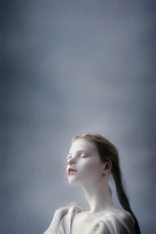 Image similar to kodak portra 4 0 0 long exposure photo portrait of a beautiful woman, dreaming in style of antoine d'agata and andrei tartovsky, dressed a long white, elegant, highly detailed, sharp focus, octane render, ethereal, otherworldly colors, atmospheric, soft light, dreamy, volumetric lighting unreal engine, epic fantasy