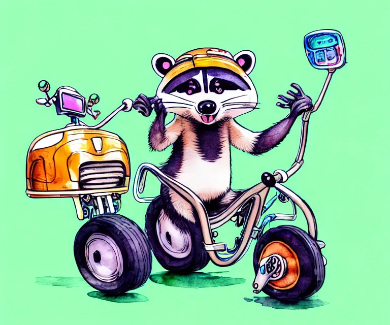 Image similar to cute and funny, racoon waving wearing a helmet riding in a tiny motorized wheelchair, ratfink style by ed roth, centered award winning watercolor pen illustration, isometric illustration by chihiro iwasaki, edited by range murata