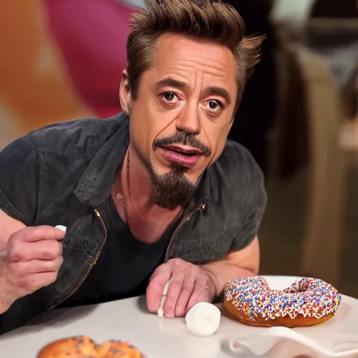 Image similar to Robert Downy Jr. eating a donut, 4k