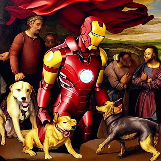 Image similar to renaissance painting of iron man as a dog