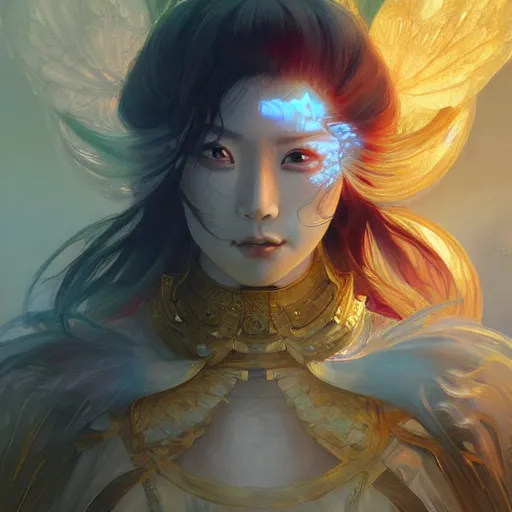 Image similar to female japanese sun elemental, ghostly form, transparent, d & d, golden!!! palette, highly detailed, digital painting, artstation, concept art, sharp focus, illustration, cinematic lighting, art by artgerm and greg rutkowski and alphonse mucha