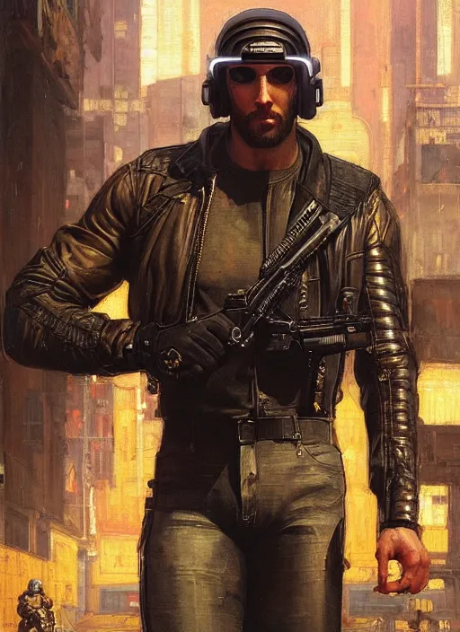 Image similar to big mike lifting a motorcycle. cyberpunk meathead wearing a military vest and combat gear. (Cyberpunk 2077, bladerunner 2049). Iranian orientalist portrait by john william waterhouse and Edwin Longsden Long and Theodore Ralli and Nasreddine Dinet, oil on canvas. Cinematic, hyper realism, realistic proportions, dramatic lighting, high detail 4k