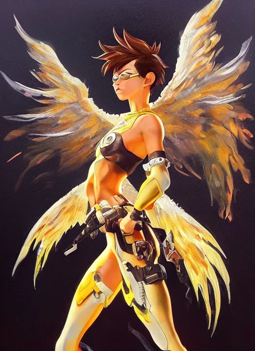 Prompt: full body oil painting of tracer overwatch in the style of frank frazetta, angel wings, dramatic painting, symmetrical composition, ornate, golden chains, high detail, gold detailed collar!!!!!, blooming, angelic, lights, flowers, heavenly, bright, detailed face,